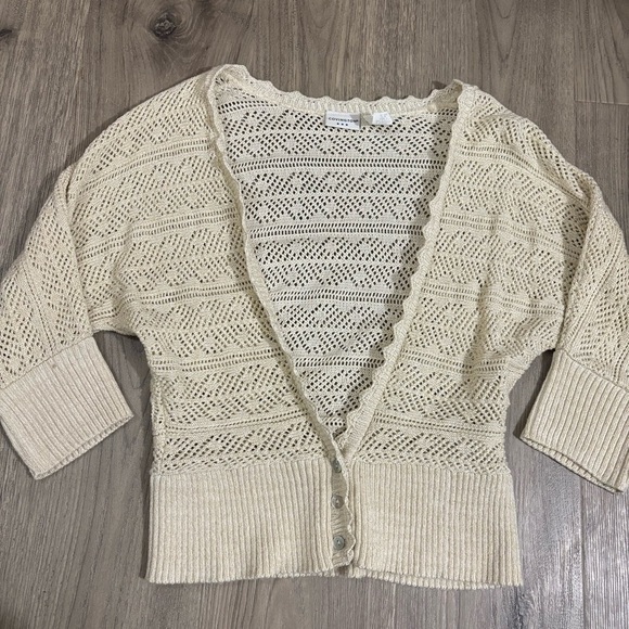 Covington V-Neck Beige Glitter Cardigan Sweater 3/4 Sleeves Sz M Scalloped Trim - Picture 7 of 12